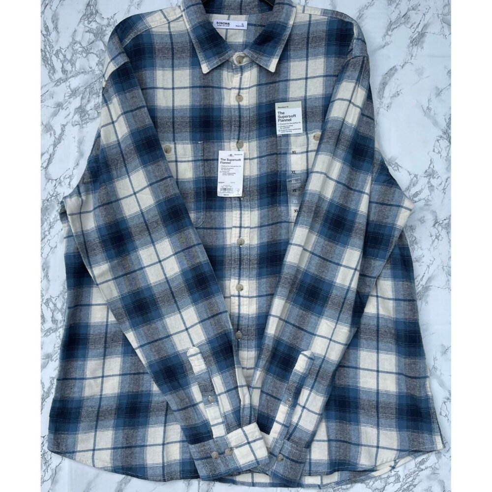 Sonoma Mens Blue & white Plaid Supersoft Flannel Shirt XL Standard Fit Cotton - Picture 3 of 7